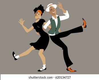 Cute cartoon couple dancing lindy hop or swing, EPS 8 vector illustration, no transparencies