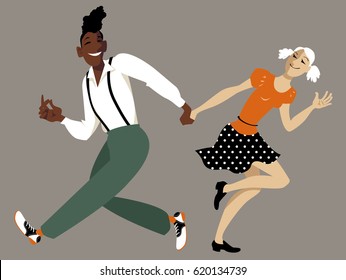 Cute cartoon couple dancing lindy hop or swing, EPS 8 vector illustration, no transparencies