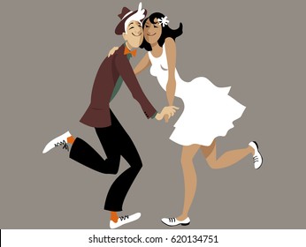 Cute cartoon couple dancing lindy hop or swing, EPS 8 vector illustration, no transparencies