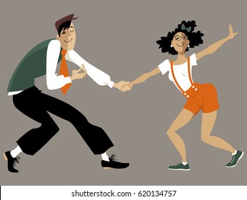 Cute cartoon couple dancing lindy hop or swing, EPS 8 vector illustration, no transparencies