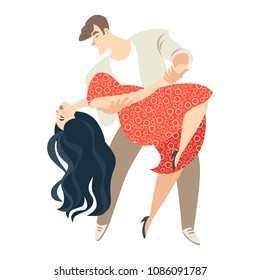 Cute cartoon couple dancing salsa. Cuban dance. Isolated vector illustration on white background