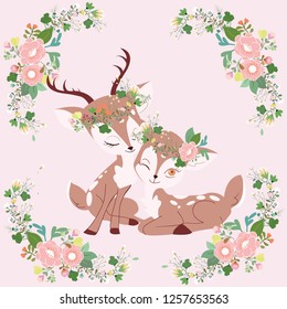 cute cartoon a couple dear with flower crown in floral frame on pink background, vintage color greeting card,illustration vector doodle comic art.