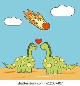 Cute Cartoon Couple Of Dinosaurs In Love During Meteor Strike Funny Concept Vector Illustration