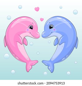 Cute cartoon couple of dolphins. Vector illustration of sea animals on a blue background with bubbles.