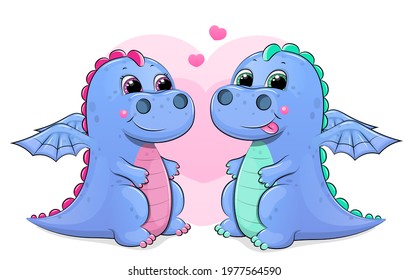 Cute cartoon couple of dragons. Vector illustration on a white background with hearts.