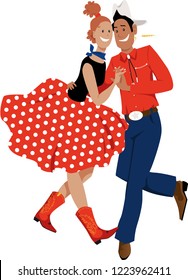 Cute cartoon couple dressed in traditional country western costumes dancing square dance or contradance, EPS 8 vector illustration
