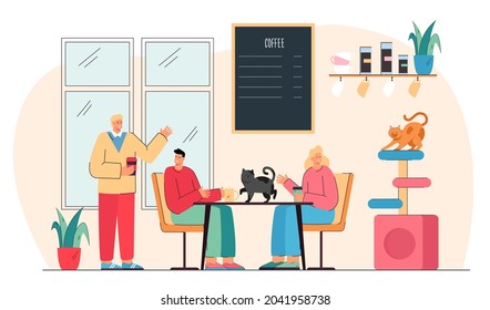 Cute cartoon couple drinking coffee in cat cafe. Guy greeting happy young man and woman watching pets flat vector illustration. Cat cafe, animals concept for banner, website design or landing web page