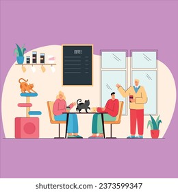 cute cartoon couple drinking coffee cat cafe vector design illustration