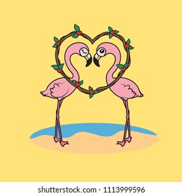 Cute cartoon A couple of Flamingo,standing in love action on beach , vector Illustration , Isolated on yellow background flamingo