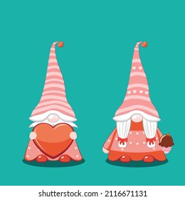 Cute cartoon couple of gnomes with hearts, Valentines day illustration.