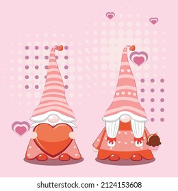 Cute cartoon couple of gnomes with hearts, Valentines day illustration.