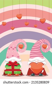 Cute cartoon couple of gnomes with hearts, Valentines day illustration.