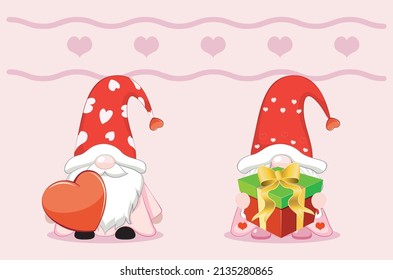 Cute cartoon couple of gnomes with hearts, Valentines day illustration.