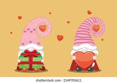 Cute cartoon couple of gnomes with hearts, Valentines day illustration.