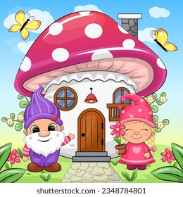 Cute cartoon couple of gnomes with mushroom house. Summer vector illustration of dwarf people with flowers and butterflies in nature.