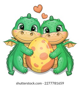 Cute cartoon couple of green dragons hugging an egg. Animal family vector illustration isolated on white background.