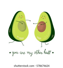 Cute cartoon couple of halves avocado in love. Valentine's Day greeting card. Vector illustration.