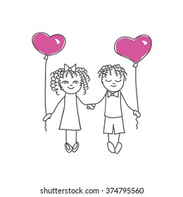 Cute cartoon couple with heart shaped balloons, vector illustration. Freehand drawing