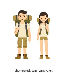 Cute cartoon couple with hiking equipment isolated on white background. Modern minimalistic flat vector style.