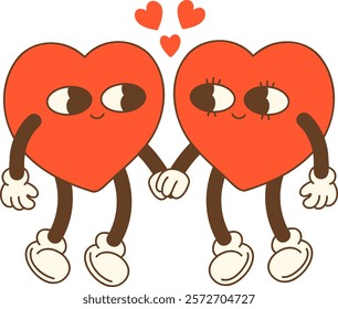 Cute cartoon couple holding hands with hearts above them