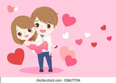 cute cartoon couple hug together with heart