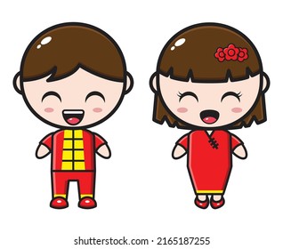 Cute cartoon couple illustration wearing cheongsam clothes