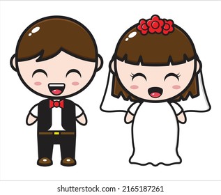 Cute cartoon couple illustration wearing wedding dress