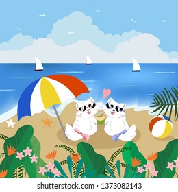 cute cartoon a couple kitty cat sweet on summer beach with element,illustration vector doodle comic art for any card.