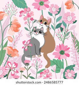 Lindo dibujo animado de un gato gatito que se divierte en el jardín de flores rosa 