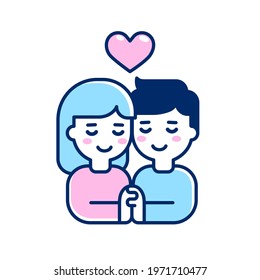 Cute cartoon couple in love holding hands. Simple line icon in flat vector style. Isolated clip art illustration.