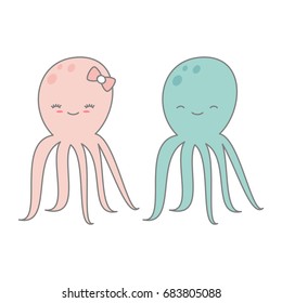 Cute cartoon couple of octopuses. Vector illustration isolated on white background