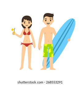 Cute cartoon couple on the beach: girl holding a glass and guy with a surfboard. Isolated on white background.