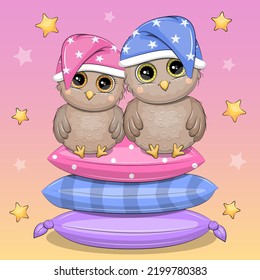 A cute cartoon couple of owls in a nightcap is sitting on pillows. Night vector illustration of birds on a pink background with stars.