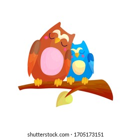 Cute cartoon couple of owls sleeping on branch. Family and love character concept vector illustration. Happy nursery birds asleep. 