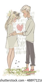 cute cartoon couple with pregnant woman