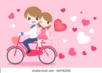 cute cartoon couple ride bicycle with red heart
