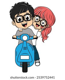 Cute Cartoon Couple Ride Motorcycle