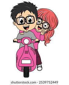 Cute Cartoon Couple Ride Motorcycle