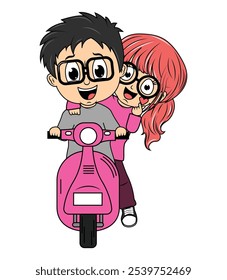 Cute Cartoon Couple Ride Motorcycle