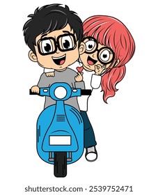 Cute Cartoon Couple Ride Motorcycle