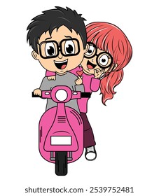 Cute Cartoon Couple Ride Motorcycle