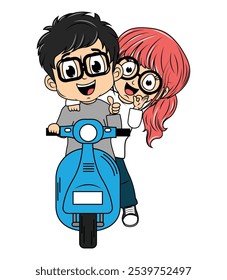 Cute Cartoon Couple Ride Motorcycle