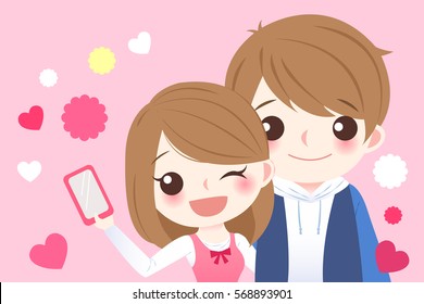 cute cartoon couple selfie and smile happily