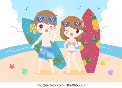 cute cartoon couple smile happily on the beach