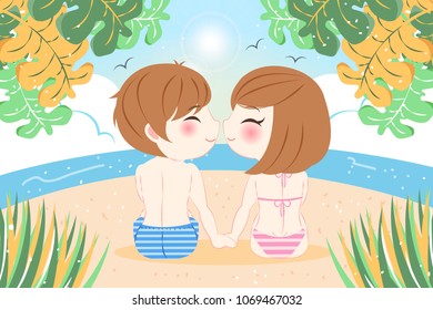 cute cartoon couple smile happily on the beach