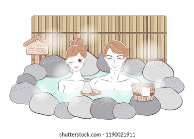 cute cartoon couple smile happily with hot spring