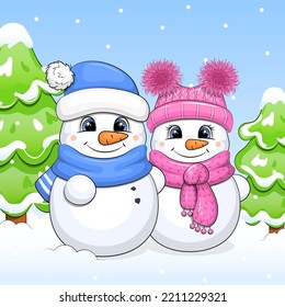 Cute cartoon couple of snowmen and two fir trees. Winter vector illustration on a blue background with snow.