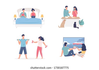 Cute cartoon couple spend their time together at home