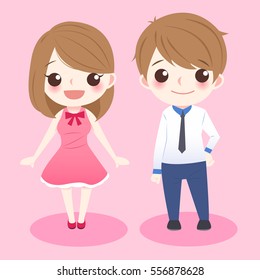 cute cartoon couple stand and smile to you