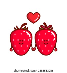 Cute cartoon couple of strawberry characters. Declaration of love and warm feelings. Romantic vector illustration can be used for t-shirt, poster, card print, mug, phone case, stickers.